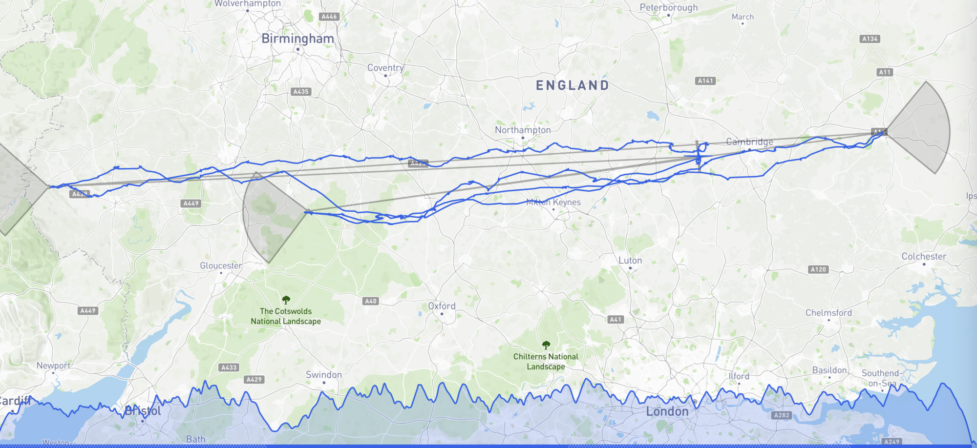 Task trace across the southern UK